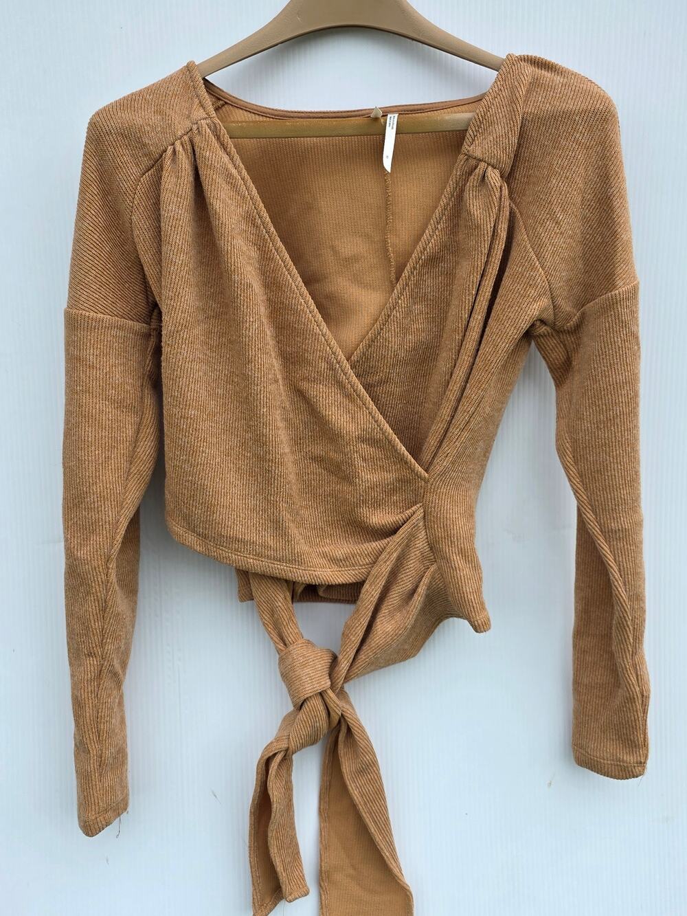 Anthropologie by Anthropologie Tan Wrap Top Size XS Ribbed Tie Front Boho